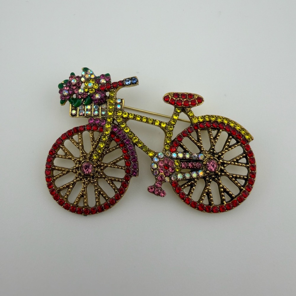 Multicolor Rhinestone Bicycle Brooch Flower Basket Pin